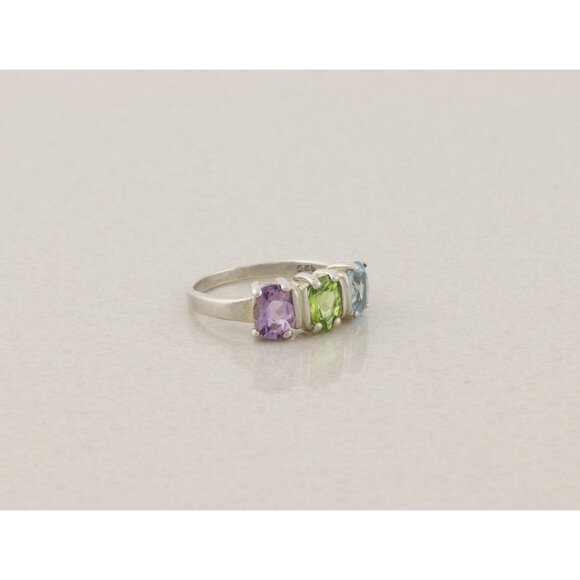 Sterling Silver Natural Amethyst, Peridot, Blue Topaz Ring Band Size 8 - Picture 3 of 8